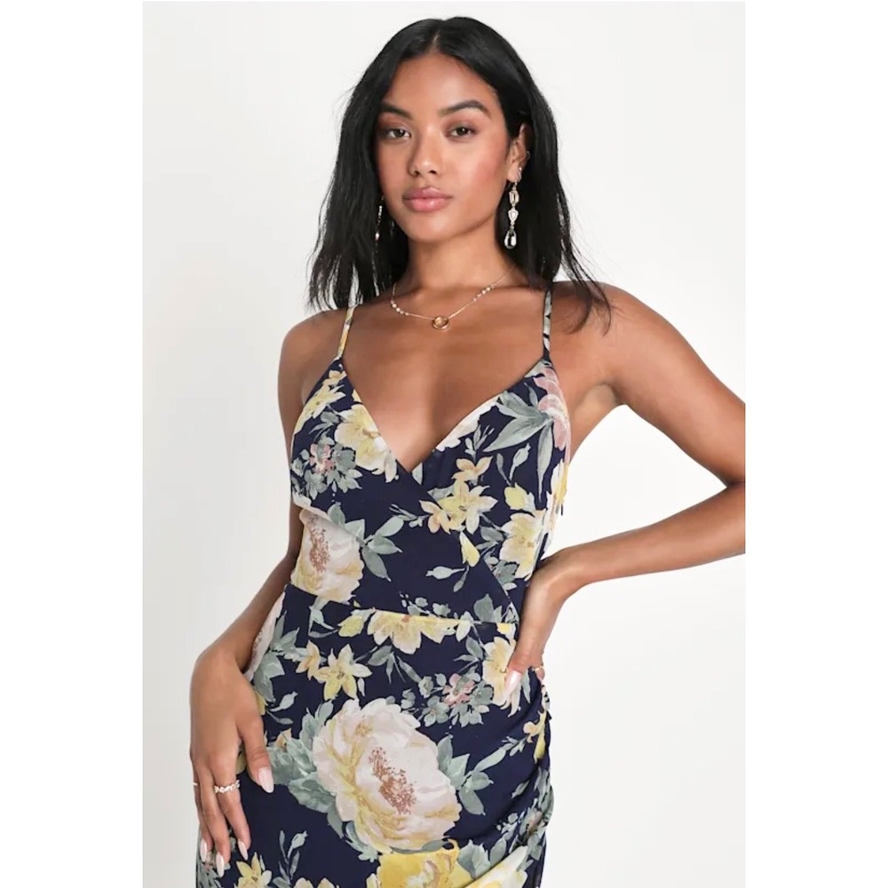 Lulus Floral High-Low Midi Dress Surplice Ruffle, Womens Large Navy Blue - Picture 3 of 11